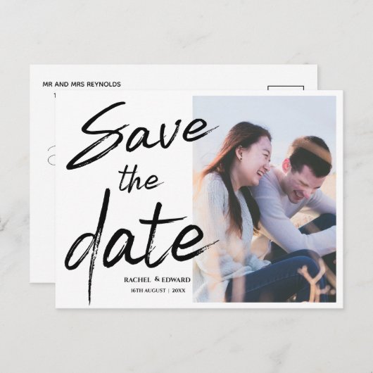 写真エレガントブラシフォント結婚式の日付を保存 案内ポストカード (正面/裏面)