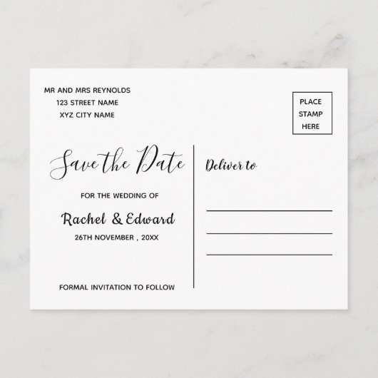 写真エレガントブラシフォント結婚式の日付を保存 案内ポストカード (裏面)
