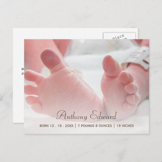 写真エレガントベビー生まれたばかりの足誕生発表 案内ポストカード (正面/裏面)