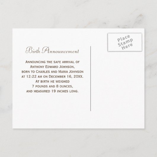 写真エレガントベビー生まれたばかりの足誕生発表 案内ポストカード (裏面)