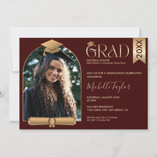 写真エレガントモダンスタイリッシュBurgundy卒業 招待状 (正面)
