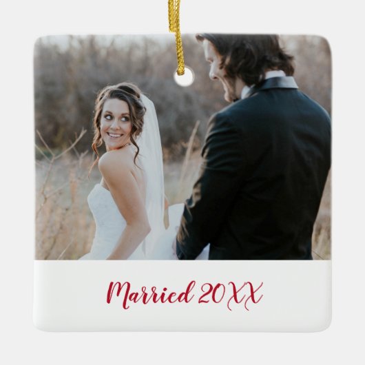 写真エレガントモダン初めてのクリスマス結婚した セラミックオーナメント (正面)