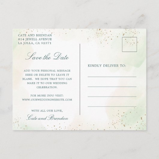 写真エレガントユーカリ結婚式の日付を保存 案内ポストカード (裏面)