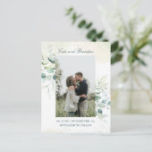 写真エレガントユーカリ結婚式の日付を保存 案内ポストカード (スタンド正面)