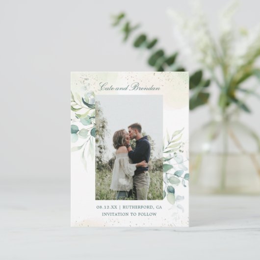 写真エレガントユーカリ結婚式の日付を保存 案内ポストカード (スタンド正面)