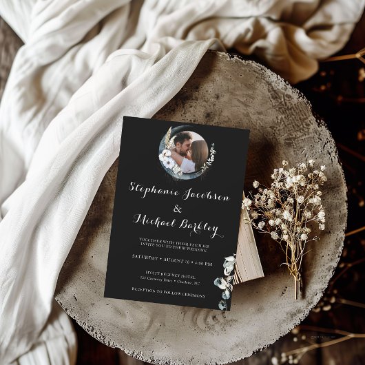 写真エレガントリース白黒結婚式の招待 招待状