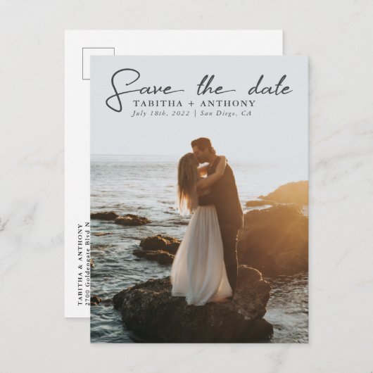 写真エレガント付きの日付スクリプトの保存 案内ポストカード (正面/裏面)