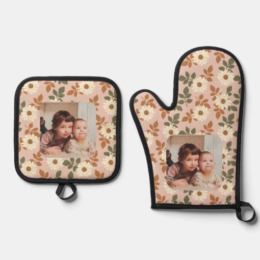 写真エレガント付き花カスタム柄 鍋つかみ&鍋敷きセット (正面)