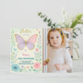 写真エレガント付き蝶誕生日招待状 招待状 (スタンド正面)