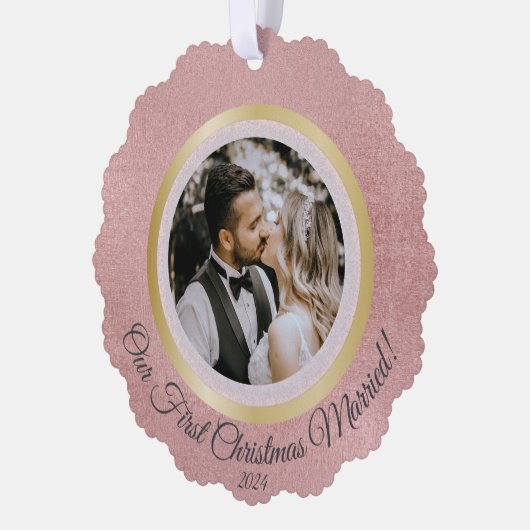 写真エレガント初めてのクリスマス結婚したバラ金ゴールド オーナメントカード (左)