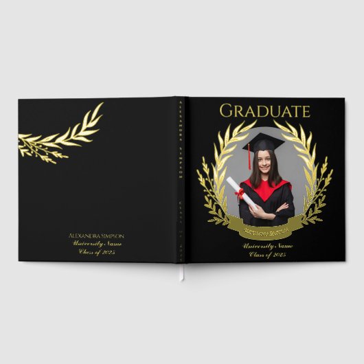 写真エレガント卒業パーティー黒と金ゴールド ゲストブック (全面)