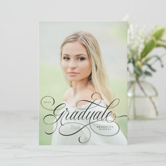 写真エレガント卒業時の黒いスクリプ独身のト 招待状 (スタンド正面)