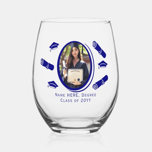 写真エレガント卒業証書とキャップ、青 ステムなしワイングラス (正面)