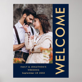 写真エレガント名ネイビー金ゴールド歓迎結婚の ポスター