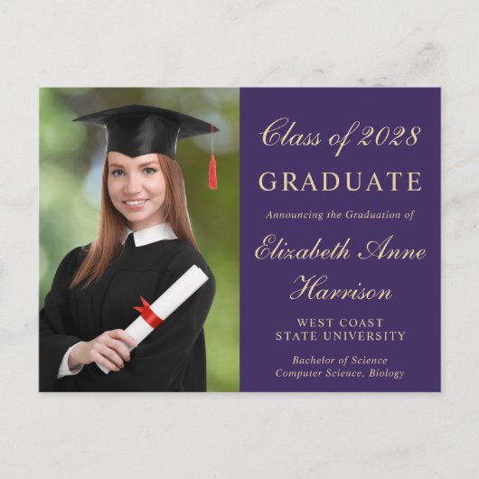 写真エレガント大学パープル卒業パーティー インビテーションポストカード (正面)