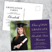 写真エレガント大学パープル卒業パーティー インビテーションポストカード