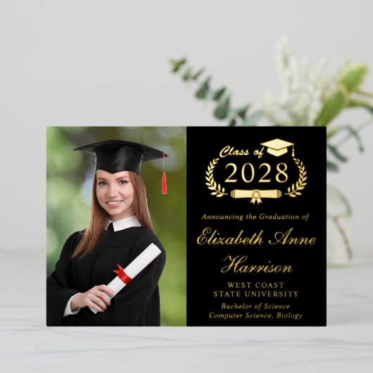 写真エレガント大学ブラック卒業パーティー 箔招待状 (立ち正面)