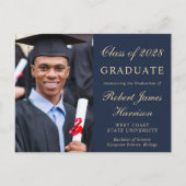 写真エレガント大学ブルー卒業パーティー インビテーションポストカード (正面)