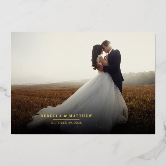 写真エレガント手書き結婚の感謝 箔招待状 (正面)