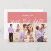 写真エレガント日付を保存ピンクのストライプはがき 案内ポストカード (正面/裏面)