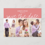 写真エレガント日付を保存ピンクのストライプはがき 案内ポストカード (正面)