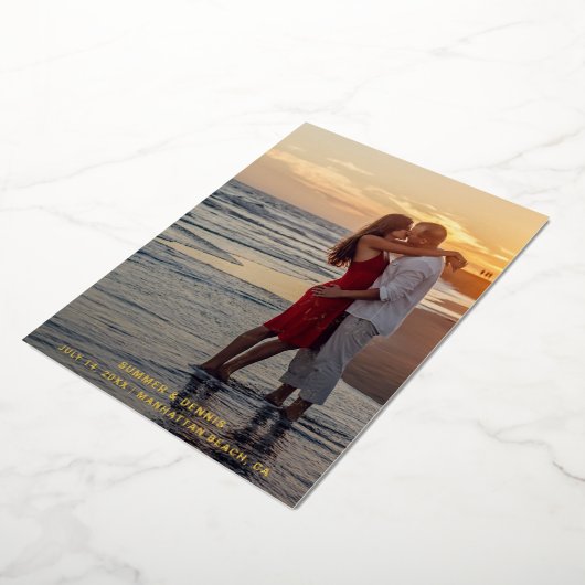 写真エレガント日付スペインの金ゴールドの保存 箔招待状 (回転した状態)