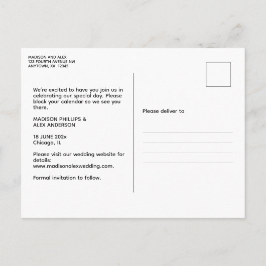 写真エレガント日付モダンポストカードの保存 ポストカード (裏面)