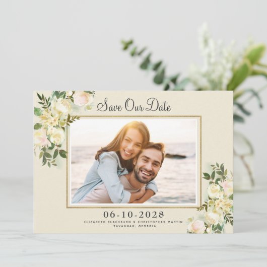 写真エレガント日付金ゴールドフレームフローラの保存 セーブザデート (スタンド正面)