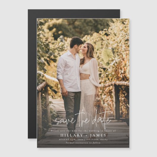 写真エレガント書結婚式の日付の保存 マグネット招待状 (正面/裏面)