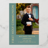 写真エレガント男の子の最初の聖餐式 箔招待状 (正面)