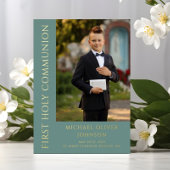 写真エレガント男の子の最初の聖餐式 箔招待状