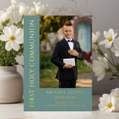 写真エレガント男の子の最初の聖餐式 箔招待状