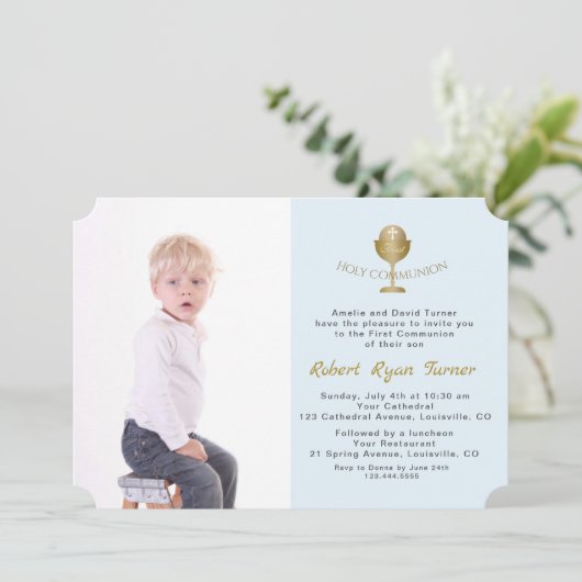 写真エレガント男の子金ゴールド聖餐式 招待状 (スタンド正面)