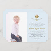 写真エレガント男の子金ゴールド聖餐式 招待状 (正面/裏面)