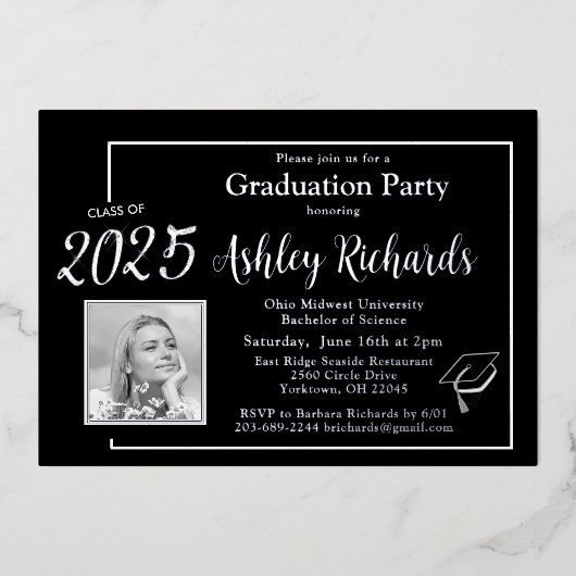 写真エレガント白黒卒業パ実在ティ 箔招待状 (正面)