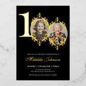 写真エレガント白黒100誕生日 箔招待状 (正面)