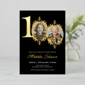 写真エレガント白黒100誕生日 箔招待状 (立ち正面)