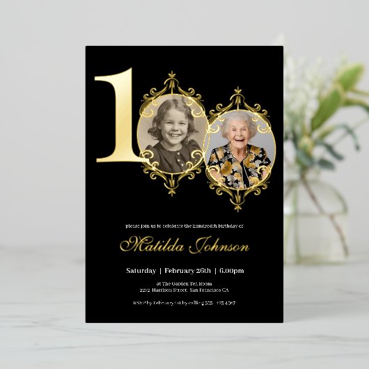 写真エレガント白黒100誕生日 箔招待状 (立ち正面)