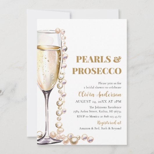 写真エレガント真珠とプロセッコブライダルシャワー 招待状 (正面)