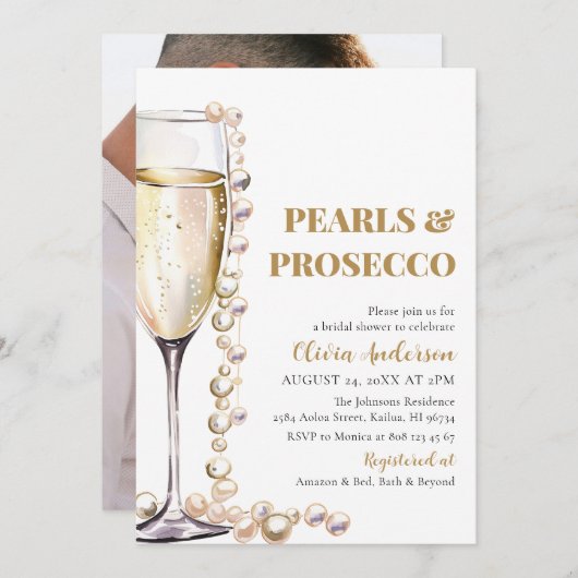 写真エレガント真珠とプロセッコブライダルシャワー 招待状 (正面/裏面)