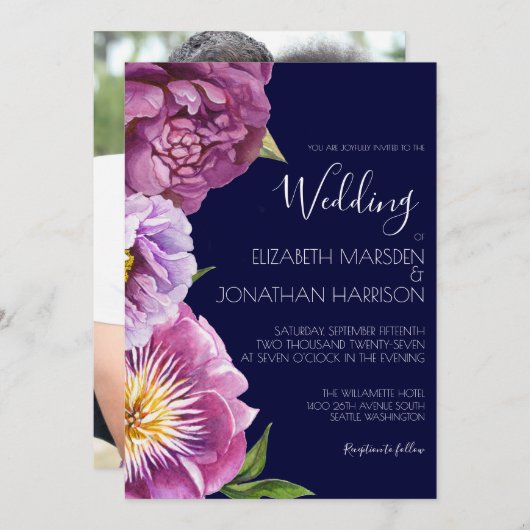 写真エレガント紫ネイビー青フローラ濃いムーディI 招待状 (正面/裏面)