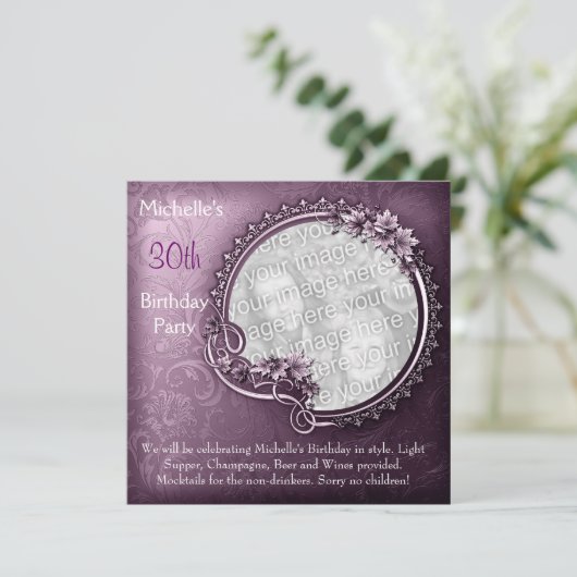 写真エレガント紫フローラ30歳の誕生日 招待状 (スタンド正面)