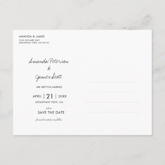 写真エレガント結モダン婚日付の保存 案内ポストカード (裏面)