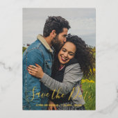 写真エレガント結モダン婚日付金ゴールドの保存 箔招待状 (正面)