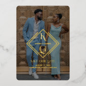 写真エレガント結婚式の日付のロゴを保存 箔招待状 (正面)