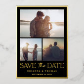 写真エレガント結婚式の日付を保存ブラック金ゴールド 箔招待状 (正面)