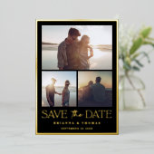 写真エレガント結婚式の日付を保存ブラック金ゴールド 箔招待状 (立ち正面)