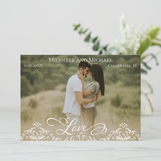 写真エレガント結婚式の日付カードの保存 セーブザデート (スタンド正面)