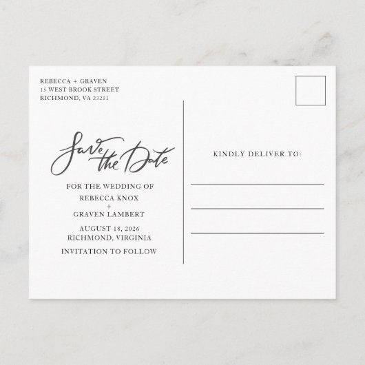 写真エレガント結婚式日付の保存 案内ポストカード (裏面)