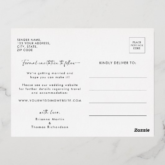 写真エレガント結婚式日付金ゴールドの保存 箔招待状ポストカード (裏面)